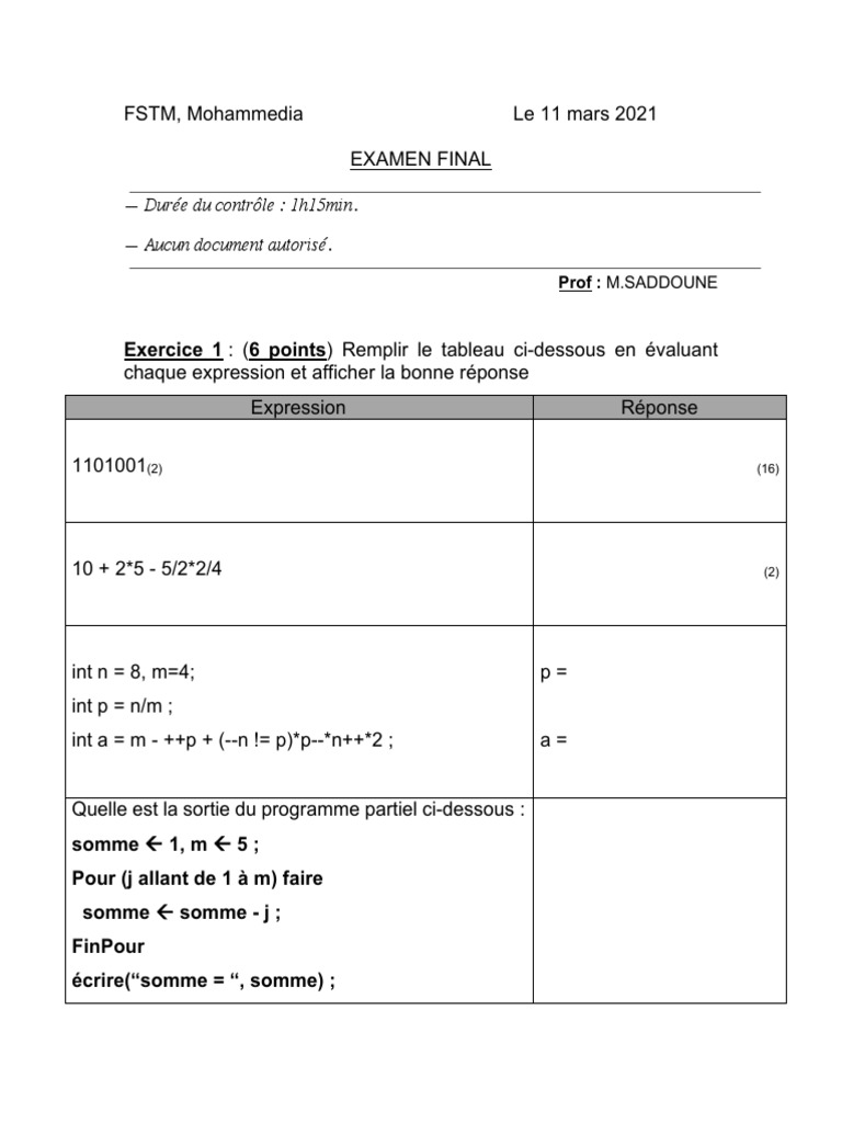Examen de Programmation en C | PDF | Programmation informatique ...