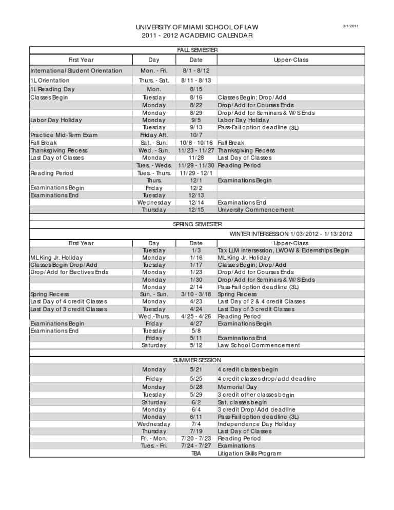 University of Miami Law Academic Calendar | PDF | Wellness