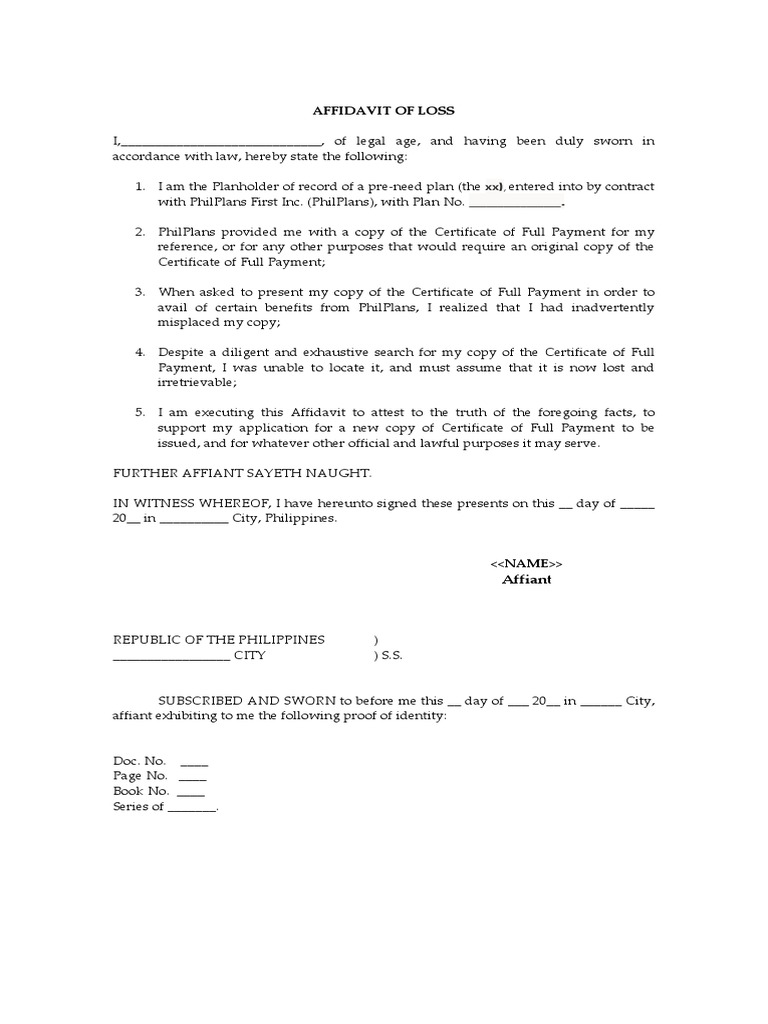 Philplans Affidavit of LossCertificate of Full Payment PDF