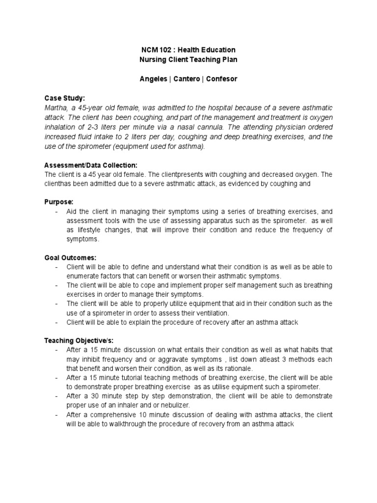 Nursing Teaching Plan Respiratory PDF Asthma Cough