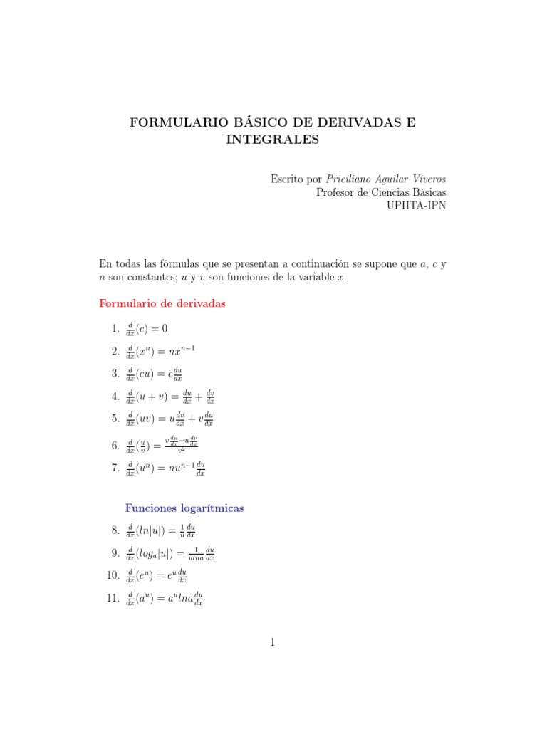 Formulario - Cálculo de Una Variable | Descargar gratis PDF ...