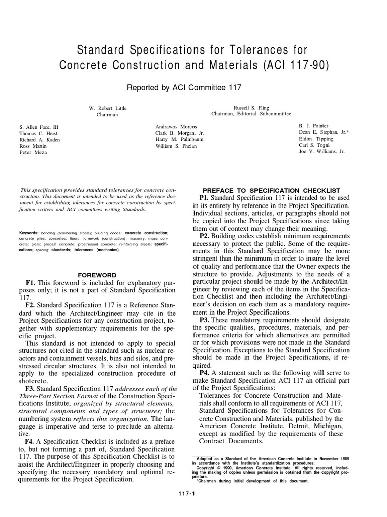 Aci 117 90 standard specifications for tolerances for concrete