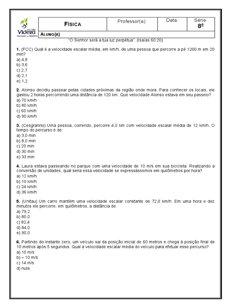 8 Lista de Fisica Velocidade Media