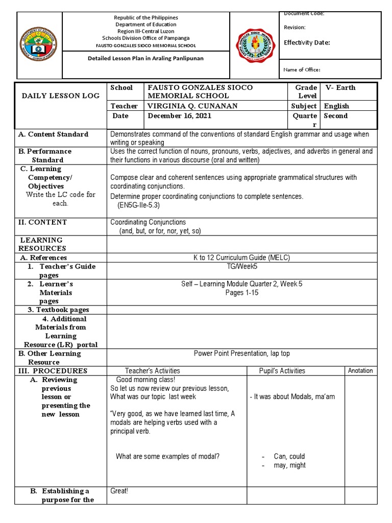 English 5 Week 5 Lesson Plan | PDF | Linguistics | Languages