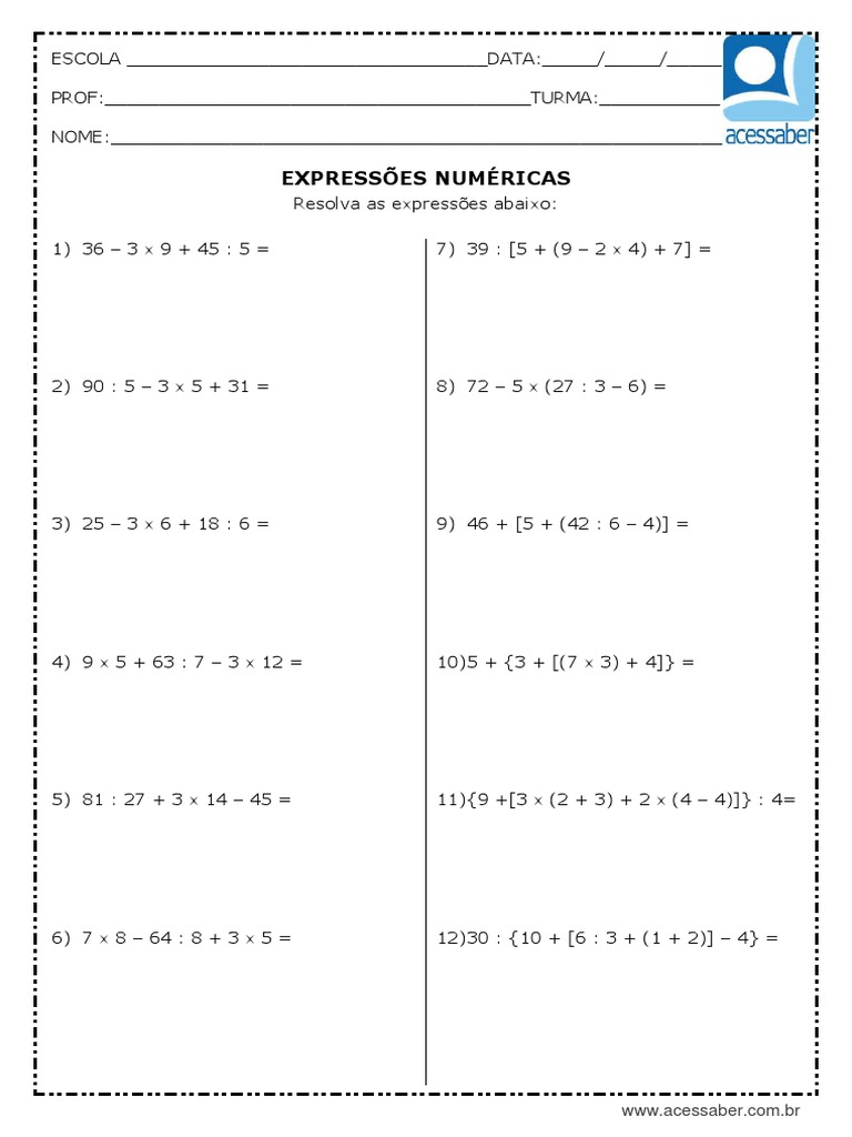 Atividade de Matematica Expressoes Numericas 5 Ano e 6 Ano | PDF