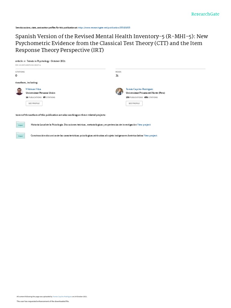 Spanish Version of The Revised Mental Health Inventory 5 (R MHI 5) New ...