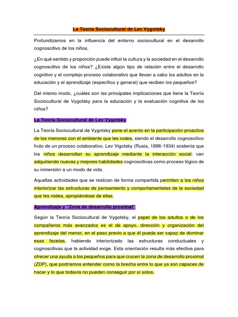 La Teoría Sociocultural de Lev Vygotsky PDF | PDF | Aprendizaje ...