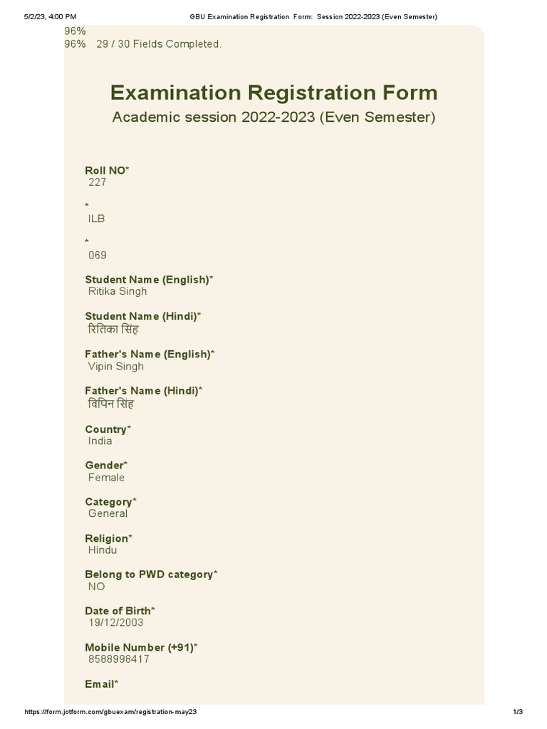 GBU Examination Registration Form Session 20222023 (Even Semester
