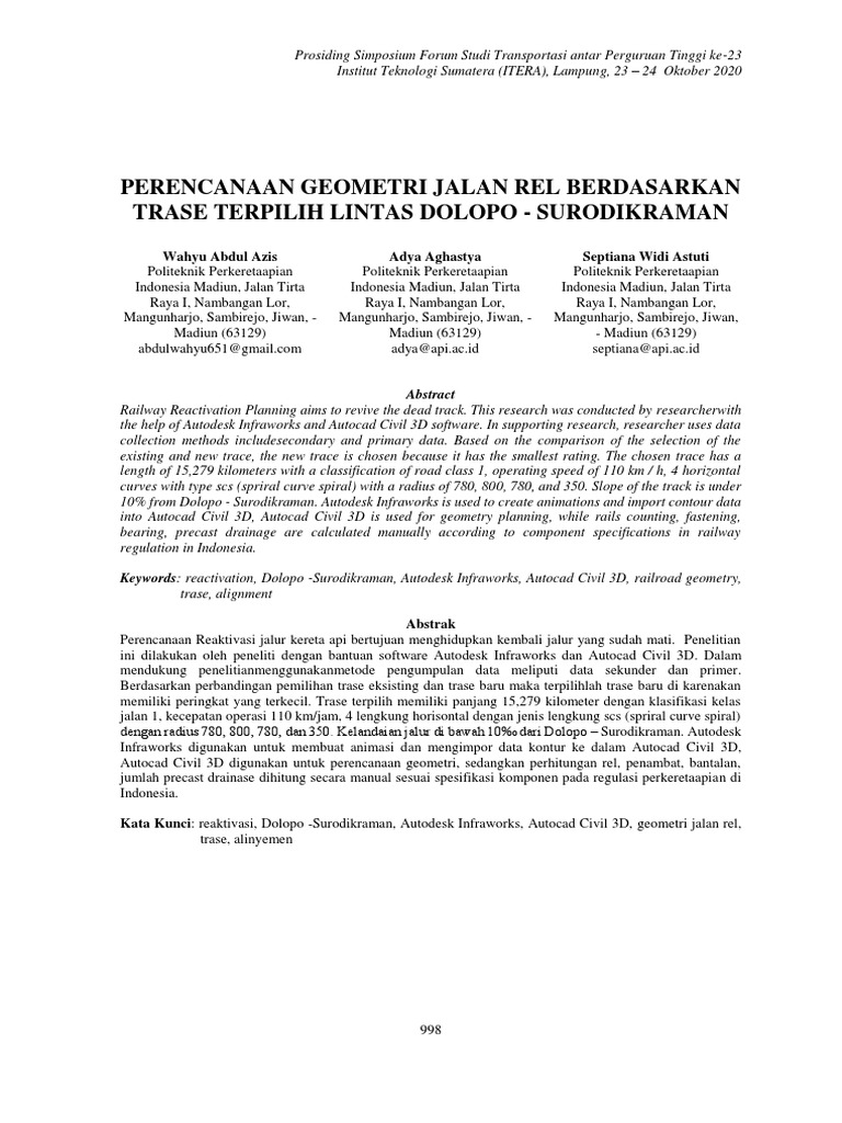 Perencanaan Geometri Jalan Rel Berdasarkan Trase Terpilih Lintas Dolopo