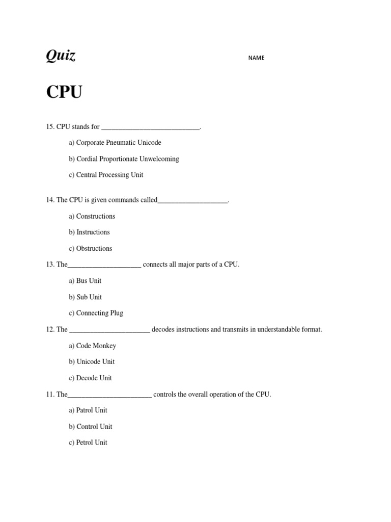 CPU Quiz: Key Concepts and Terms | PDF