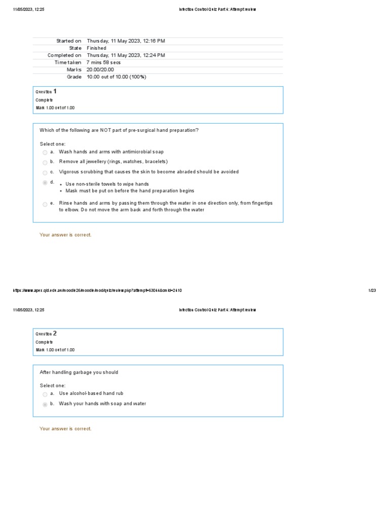 Infection Control Quiz Part 4 Attempt Review Final Answer PDF