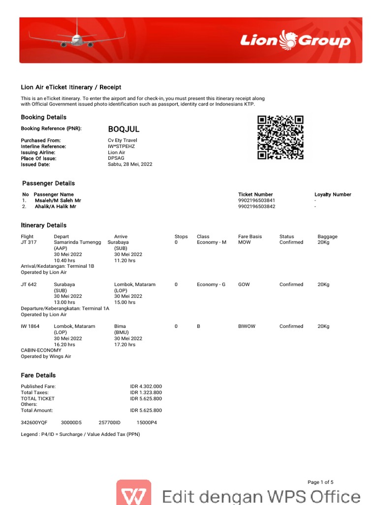 Lion Air eTicket Itinerary for Domestic Travel within Indonesia from Samarinda to Bima on May