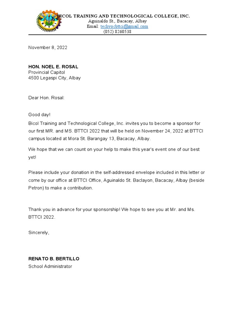 Sponsorship Invitation for Mr. and Ms. BTTCI | PDF