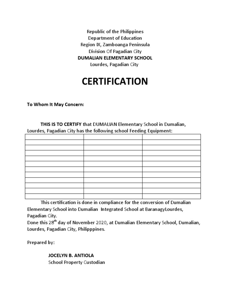 CERTIFICATION school feeding program docx PDF
