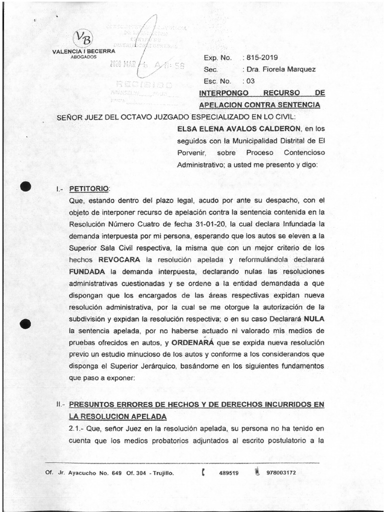 Recurso de Apelacion Contra Sentencia de Primera Instancia | PDF