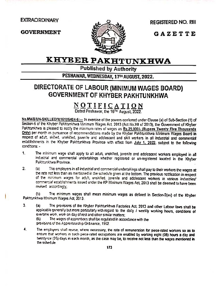 Minimum Wages Notification | PDF