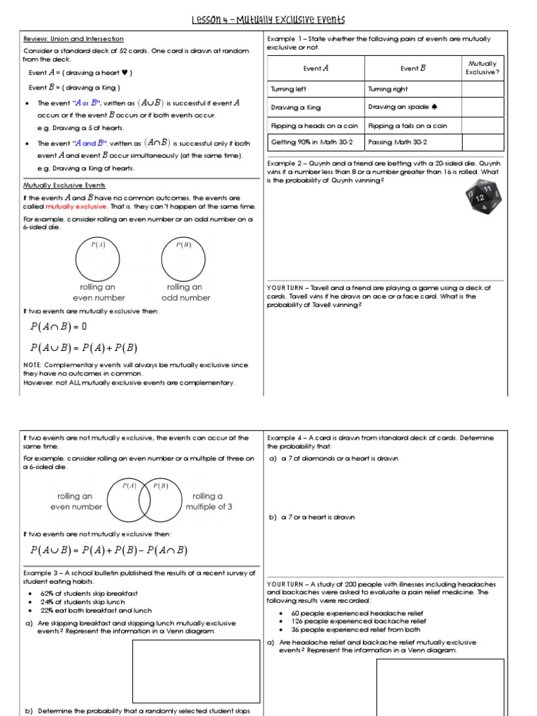 Probability and Mutually Exclusive Events Card Drawing, Dice Rolling