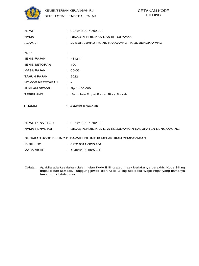 Contoh Cetakan Kode Billing Pdf
