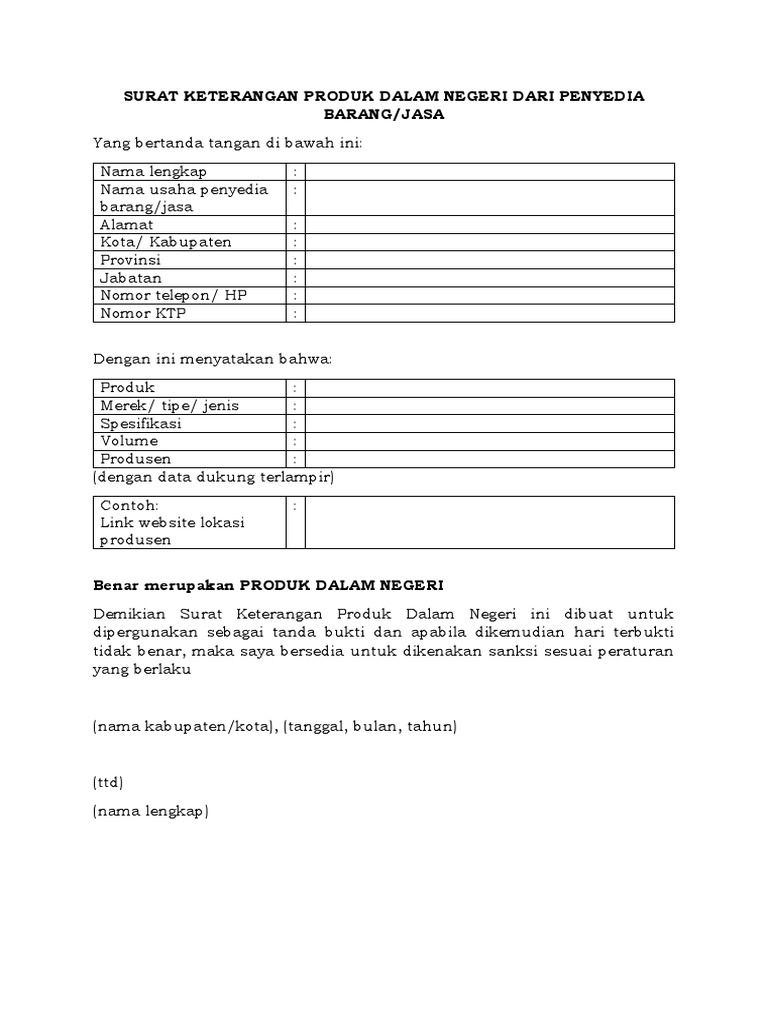 Surat Keterangan Produk Dalam Negeri Dari Penyedia | PDF