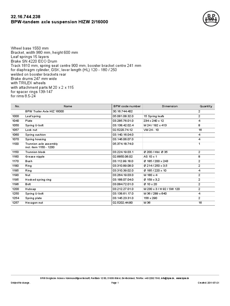 BPW HIZW 2/16000 Axle Catalogue | PDF | Axle | Brake