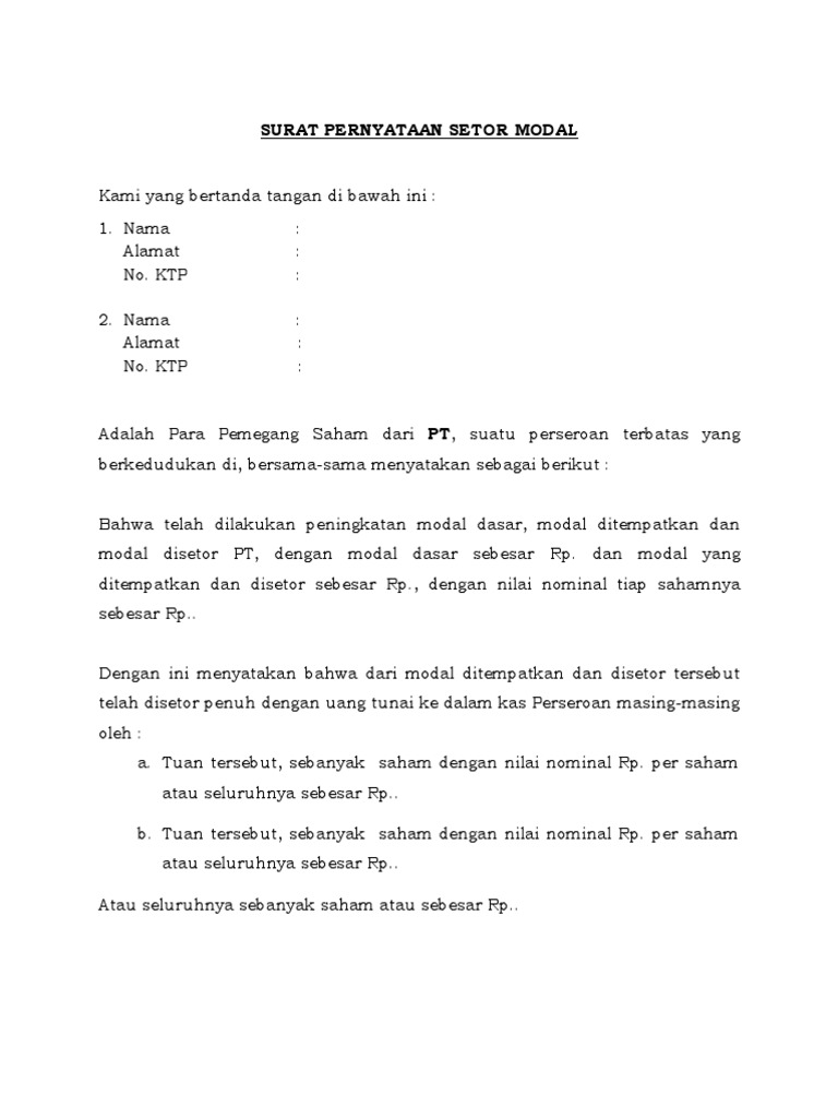 Draft Surat Pernyataan Setor Modal PT | PDF
