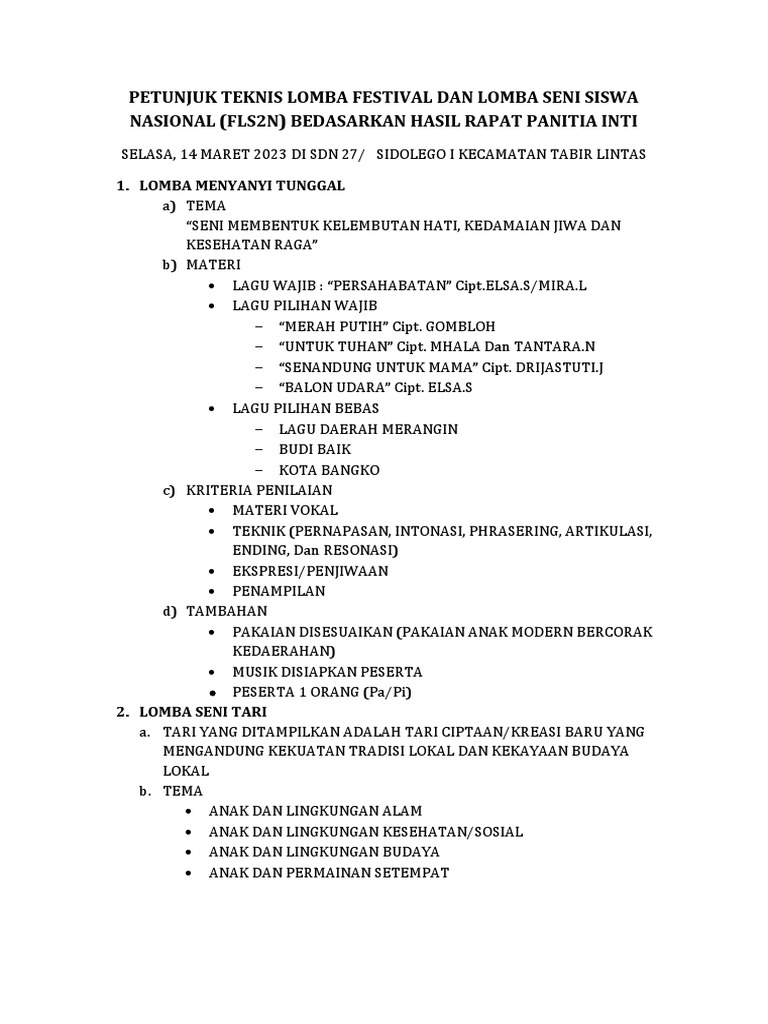 Petunjuk Teknis Lomba Festival Dan Lomba Seni Siswa Nasional Pdf