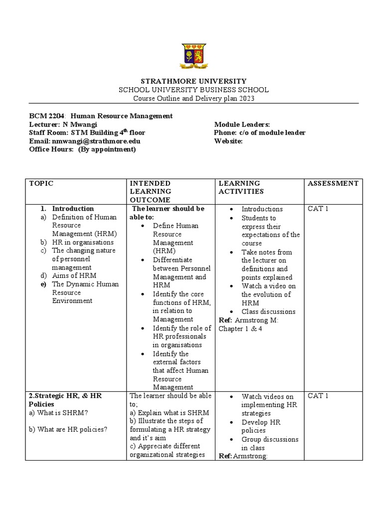 HRM Course Outline and Details | PDF | Human Resource Management ...
