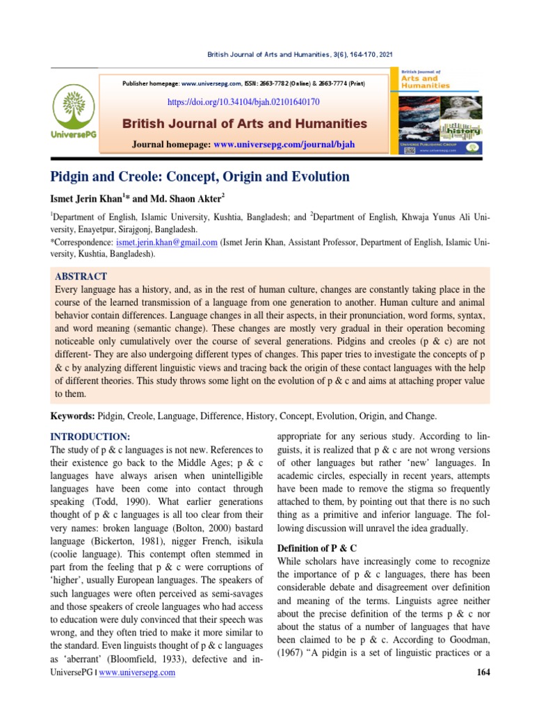 Pidgin and Creole Concept, Origin and Evolution PDF Linguistics