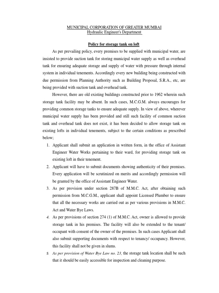 Policy For Storage Tank On Loft PDF
