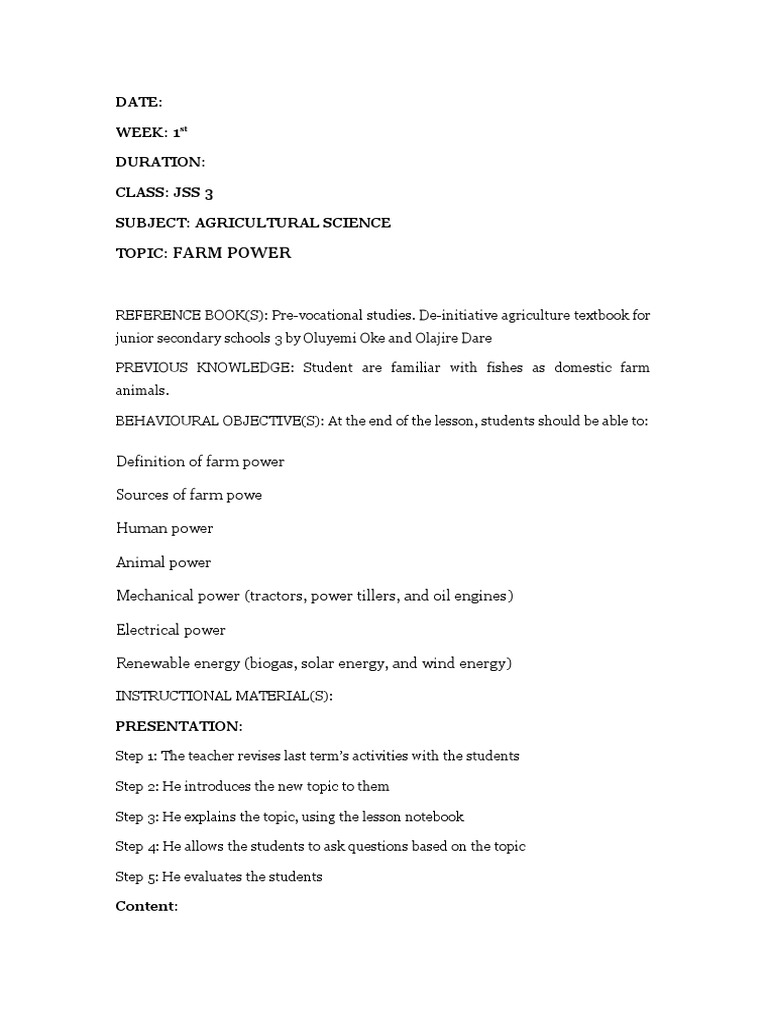 Agricultural Science jss3 3rd Term PDF Agricultural Machinery