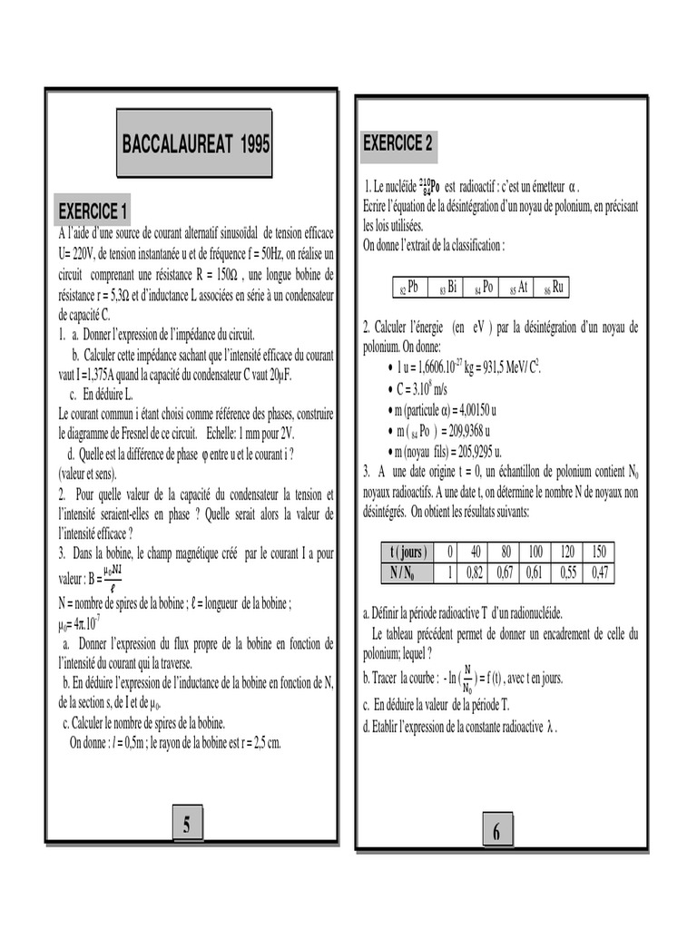 Sujets et exercices du Bac 1995 | PDF | Condensateur | Ph