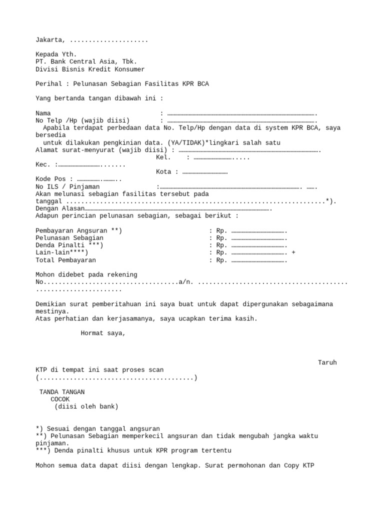 Formulir Permohonan Pelunasan Sebagian KPR BCA Layanan KPR PDF