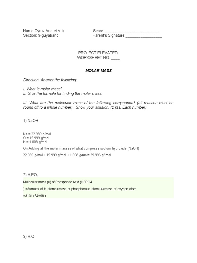 Molar Mass Calculations Worksheet | PDF | Teaching Methods & Materials