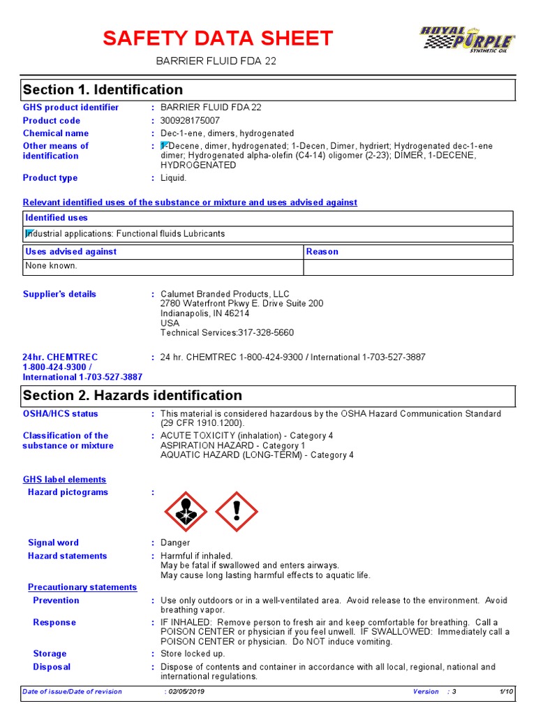 Safety Data Sheet for Barrier Fluid FDA 22: Hazardous Properties and ...