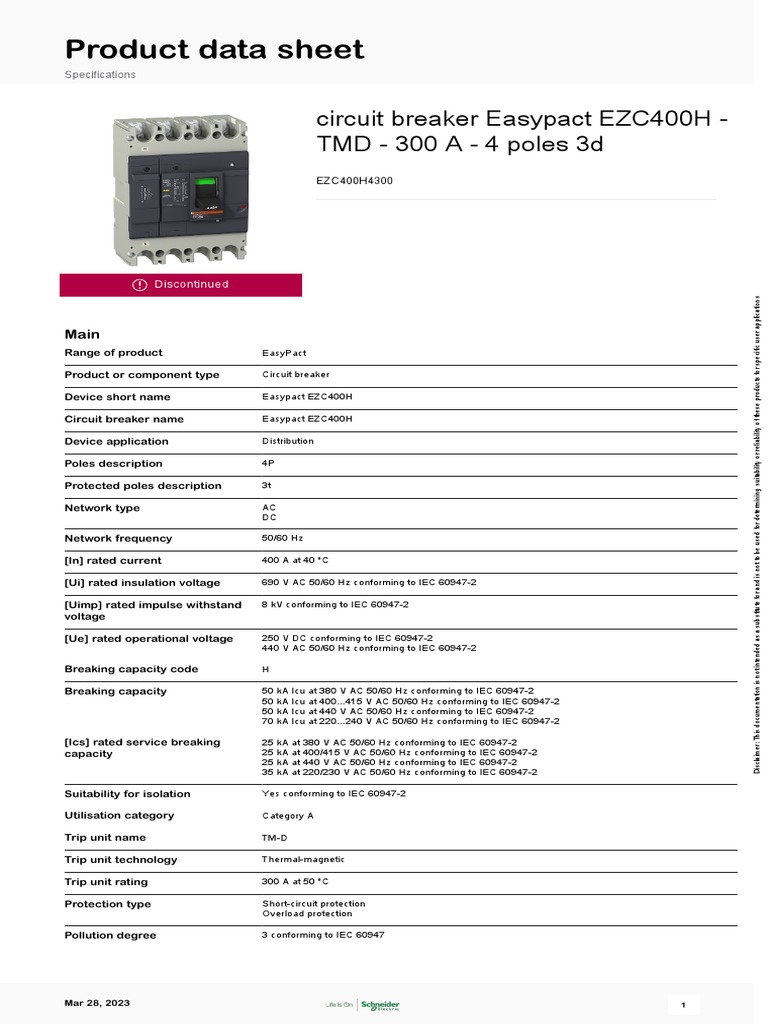 Easypact EZC400H circuit breaker specs | PDF | Alternating Current ...