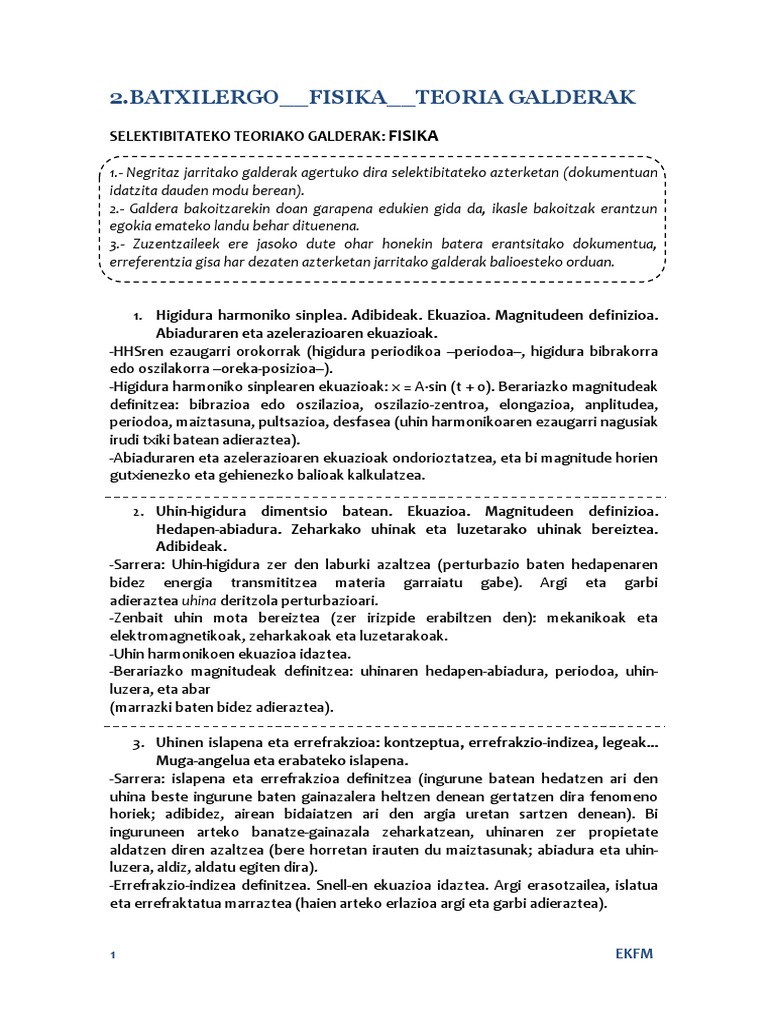 Fisika Selektibitate Galdera Teorikoak | PDF