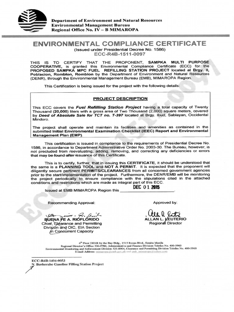 Environmental Compliance Certificate for Fuel Station | PDF | Waste ...