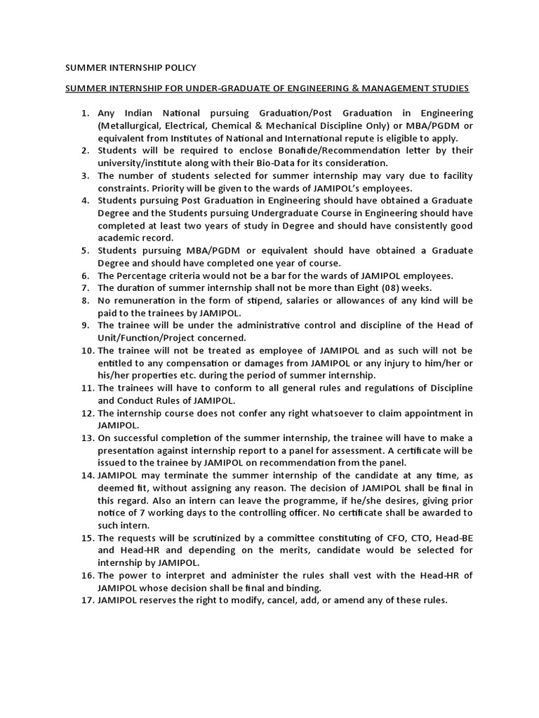 Summer Internship Policy PDF Postgraduate Education Internship