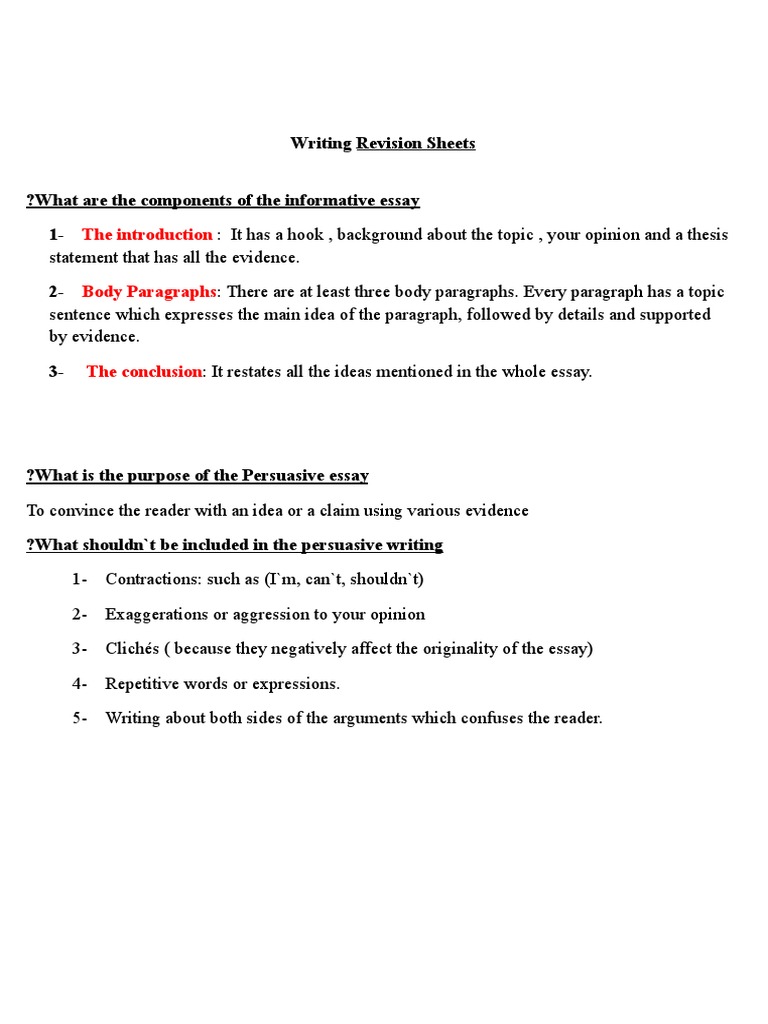 Writing Revision Sheets Grade 12 Pdf Essays Paragraph