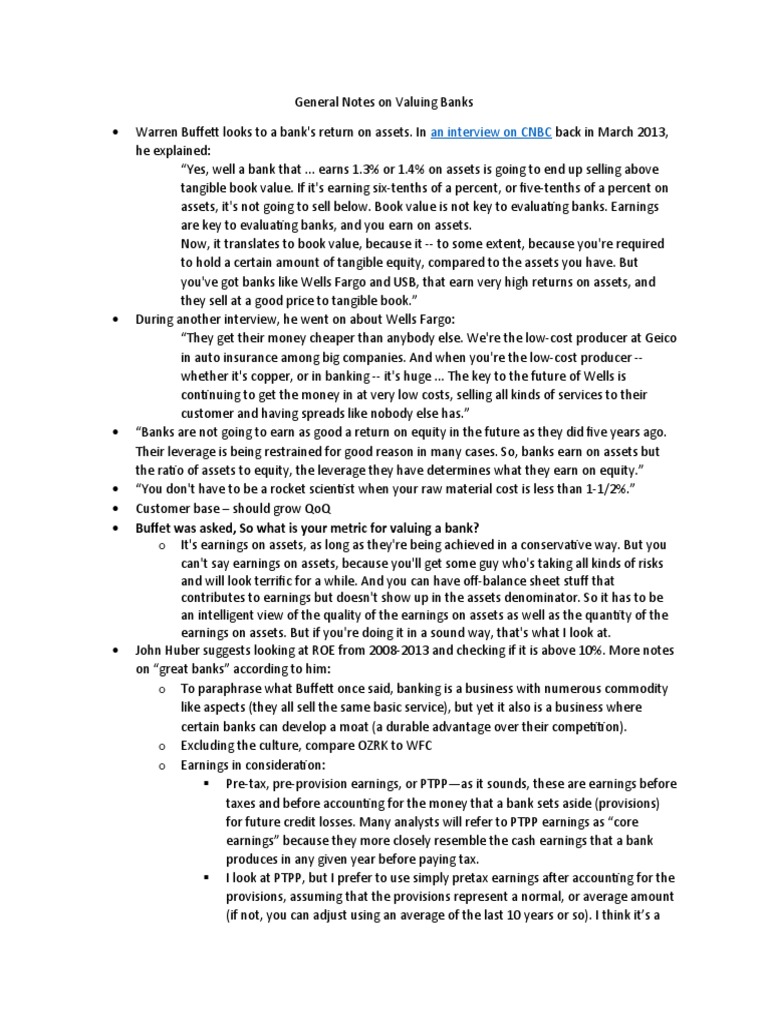 General Notes On Valuing Banks | PDF | Stocks | Book Value
