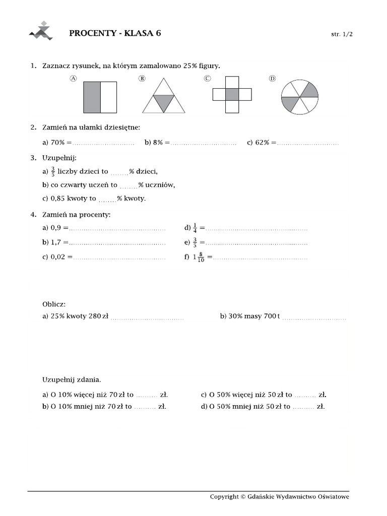 Sprawdzian Z Matematyki Klasa 6 Procenty Klasa 6 - Procenty - Sprawdzian Szkic PDF | PDF