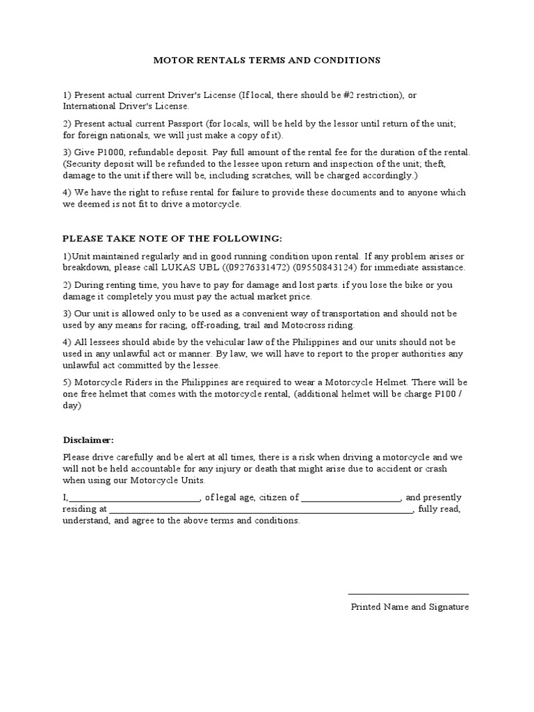 Motor Rentals Terms and Conditions | PDF