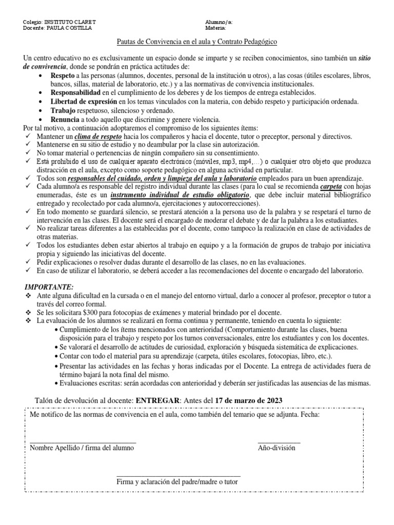 Pautas de Convivencia en el Aula | PDF | Salón de clases | Maestros