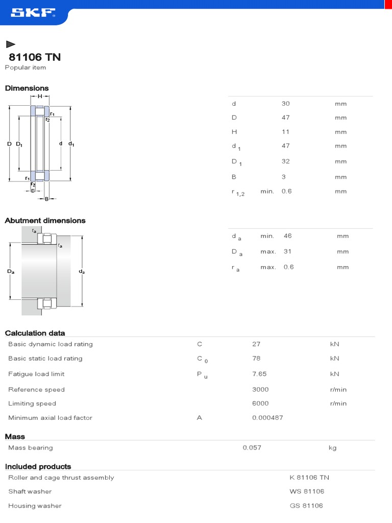 Cylindrical roller thrust bearings81106 TN PDF