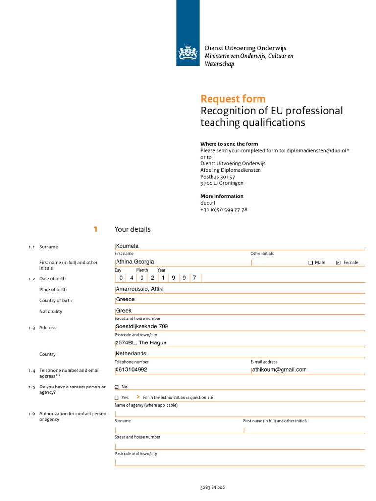 EU Teaching Qualification Recognition Form | PDF | Teachers | Identity ...