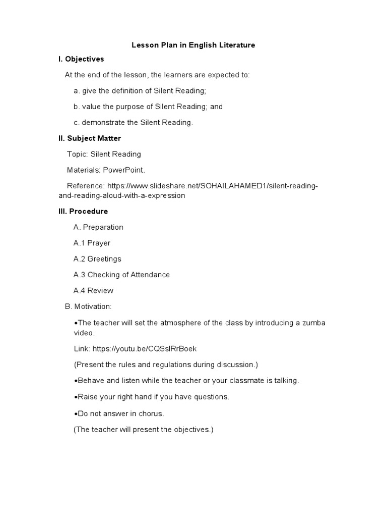 Lesson plan silent reading pdf