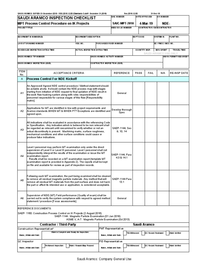 SAUDI ARAMCO ID/PIEU INSPECTION CHECKLIST | PDF