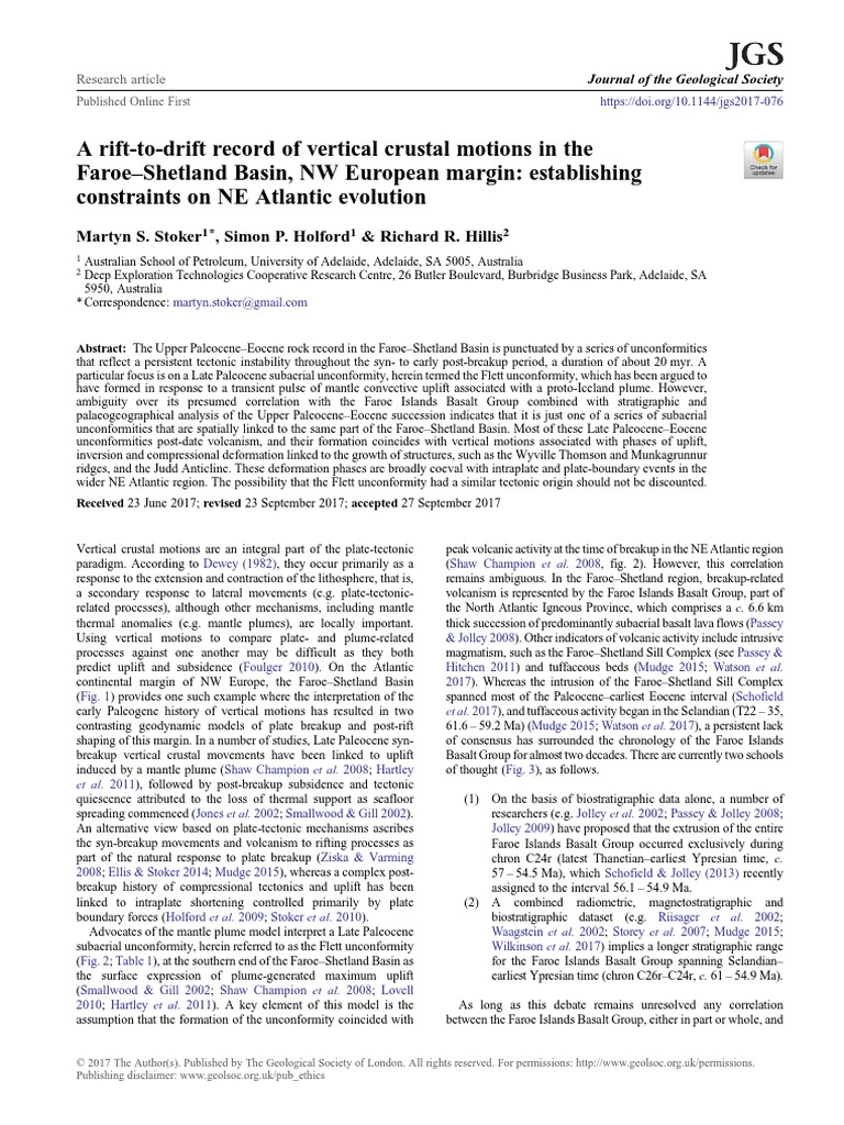 A Rift-To-Drift Record of Vertical Crustal Motions in The Faroe ...