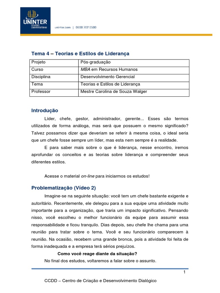 Tema4 Estilos De Liderança Pdf Liderança Competência Recursos