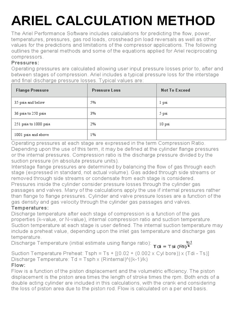 Ariel Compressor Calculation Method PDF Gases Pressure